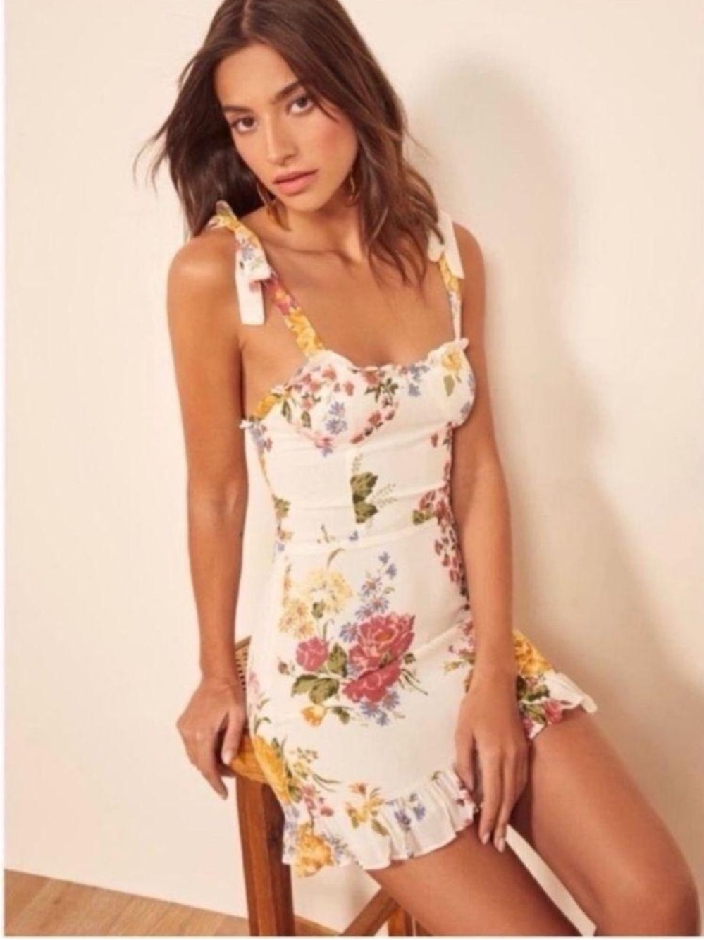 Reformation Christine Floral Bouquet Mini Dress Tie Shoulder Strap Ruffle Size 0 - Picture 5 of 16